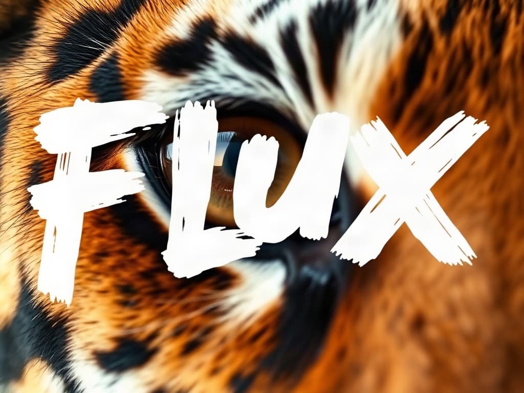 FLUX Schnell: крупный план глаза тигра, поверх белой кистью написано FLUX
