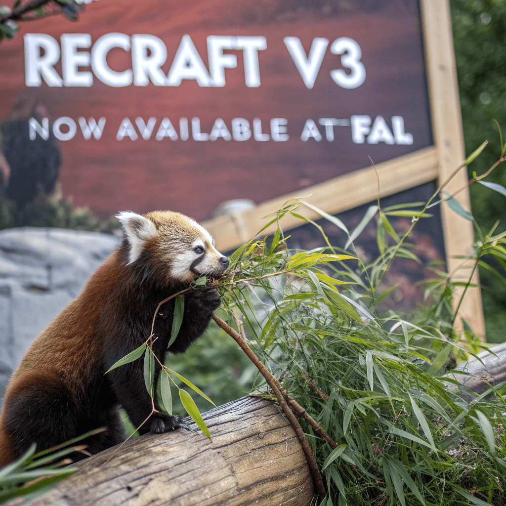 Recraft: красная панда ест бамбук перед постером с надписью Recraft V3